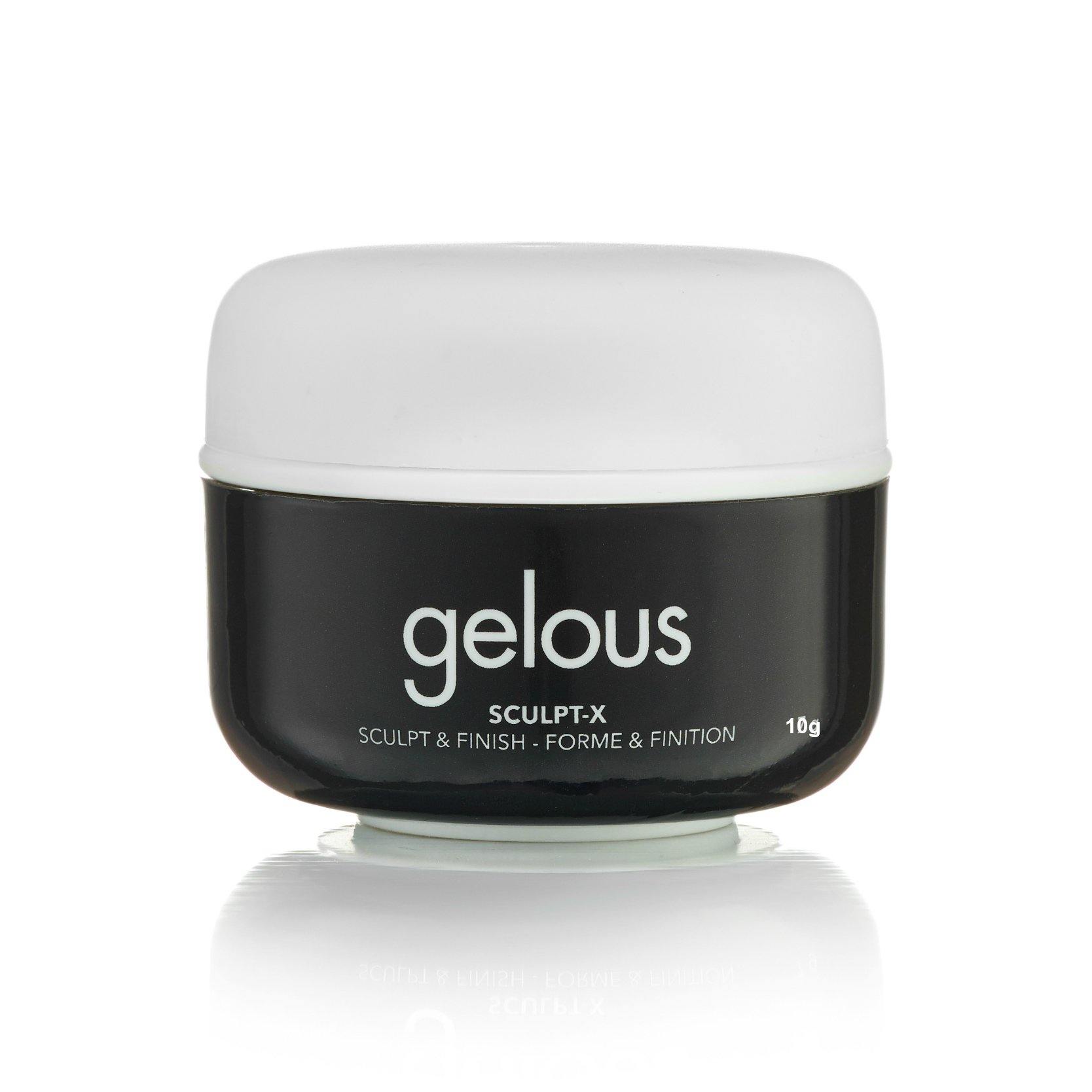 black jar with white cap written gelous sculpt x on it